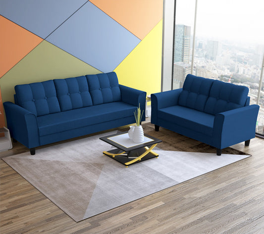 Adorn India Maddox Tufted 5 Seater 3+2 Sofa Set (Blue) (3 Year Warranty)