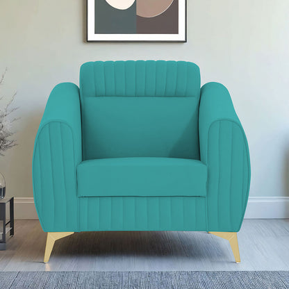 Adorn India Premium Valentino 1 Seater Sofa | Velvet Suede Fabric | 3-Year Warranty | Color Aqua Blue with Golden Legs & Striped Pattern Cushion