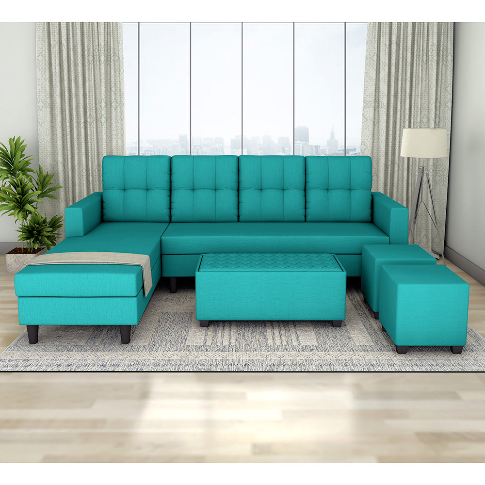 Adorn India Darcy L Shape 8 Seater Sofa Set with Center Table and 2 Ottoman Puffy (LHS) (Aqua Blue) (3 Year Warranty)