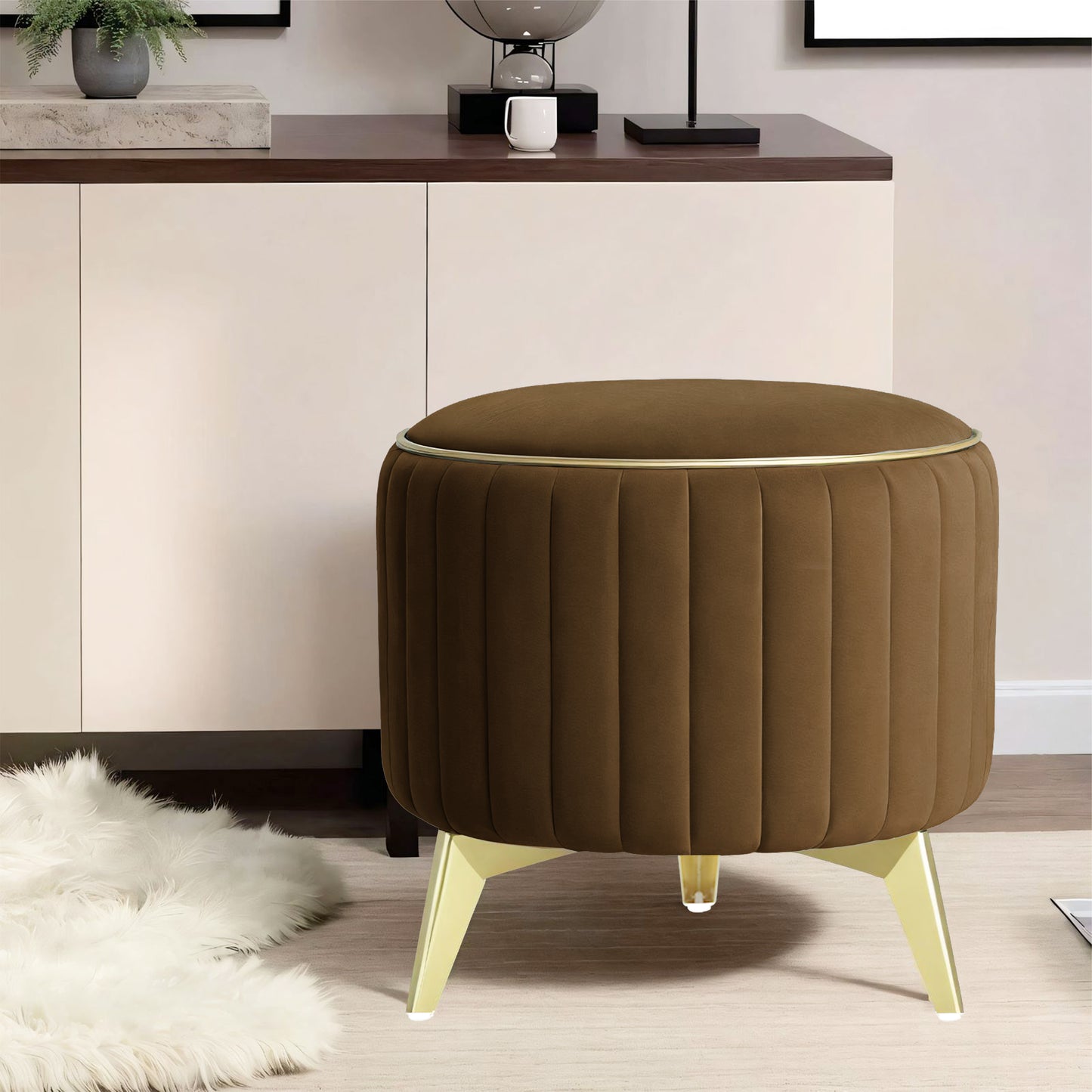 Adorn India Olivia Round 1 Seater Ottoman Pouffe Striped Pattern with Velvet Suede Fabric (Brown)
