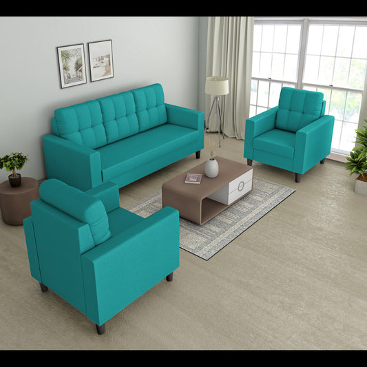 Adorn India Darcy 3+1+1 5 Seater Sofa Set (Aqua Blue) (3 Year Warranty)