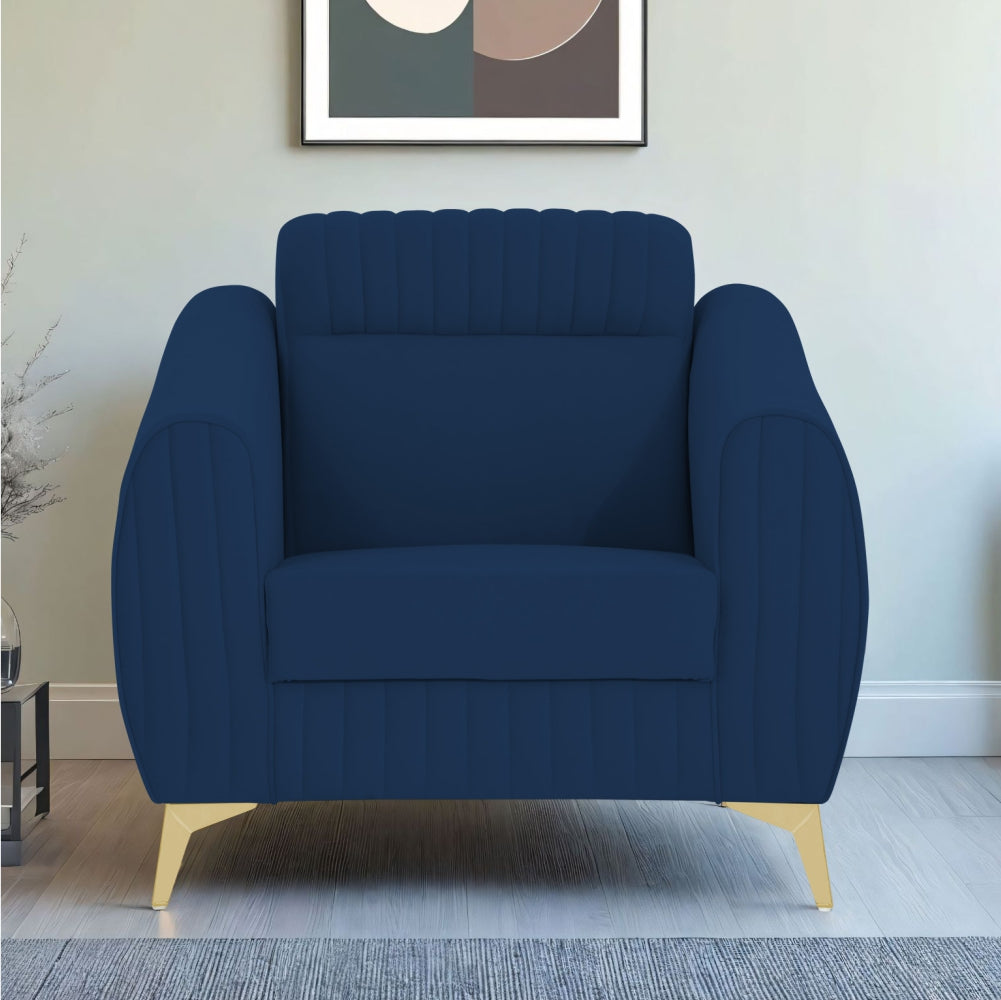 Adorn India Premium Valentino 1 Seater Sofa | Velvet Suede Fabric | 3-Year Warranty | Color Blue with Golden Legs & Striped Pattern Cushion