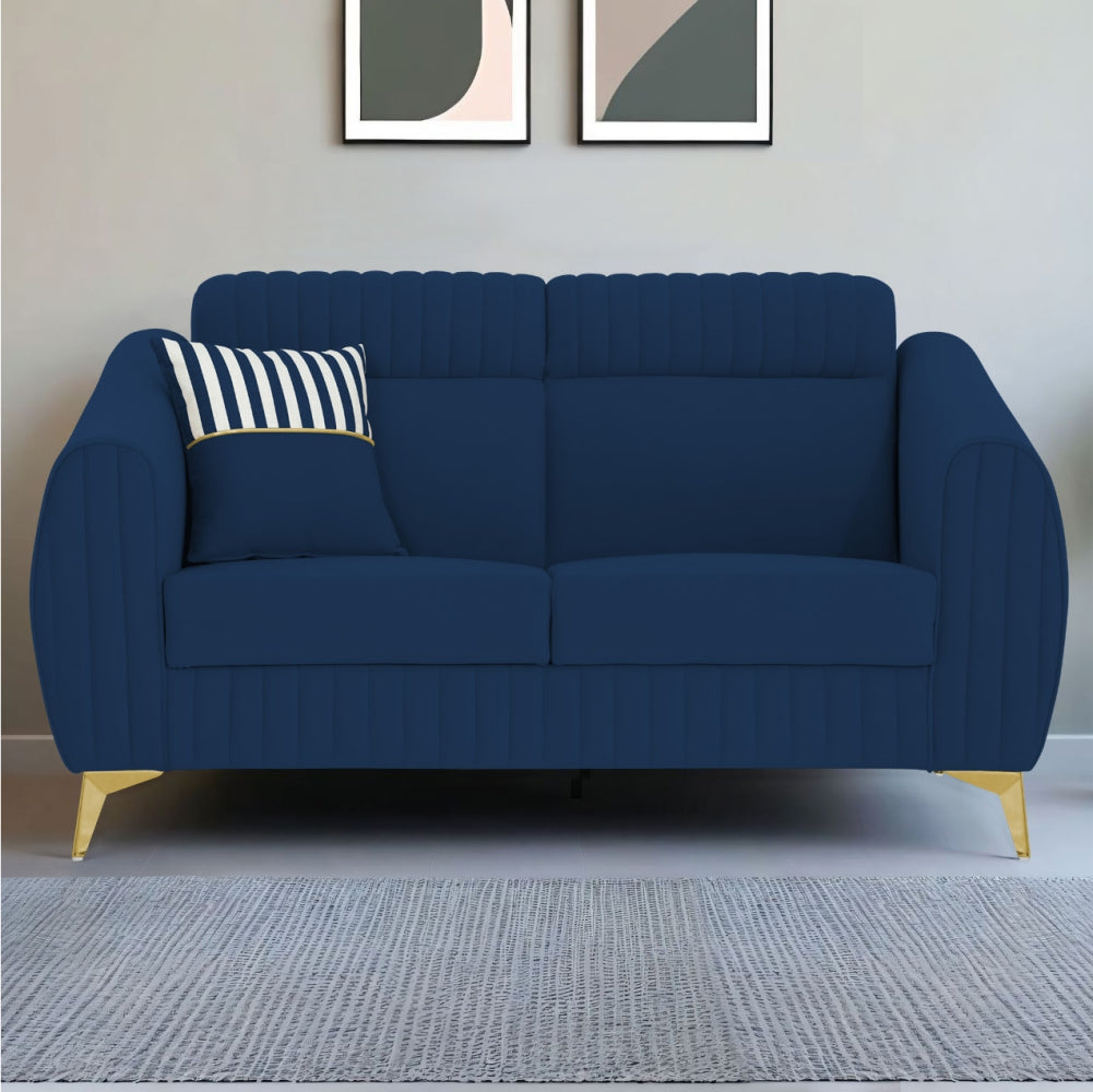 Adorn India Premium Valentino 2 Seater Sofa | Velvet Suede Fabric | 3-Year Warranty | Color Blue with Golden Legs & Striped Pattern Cushion