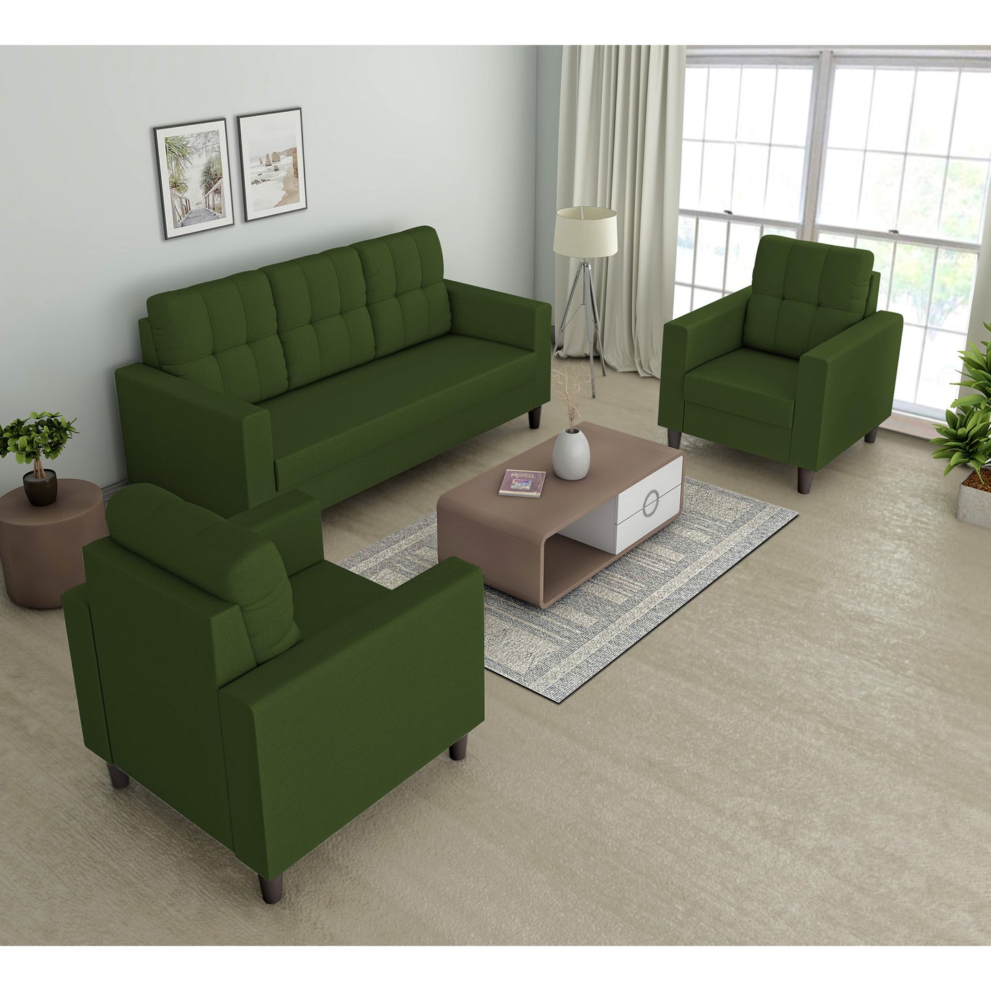 Adorn India Darcy 3+1+1 5 Seater Sofa Set (Beige) (3 Year Warranty)