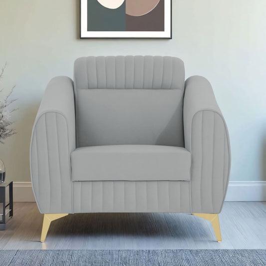 Adorn India Premium Valentino 1 Seater Sofa | Velvet Suede Fabric | 3-Year Warranty | Color Grey with Golden Legs & Striped Pattern Cushion