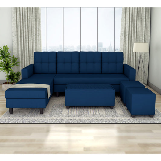 Adorn India Darcy L Shape 8 Seater Sofa Set with Center Table and 2 Ottoman Puffy (LHS) (Blue) (3 Year Warranty)