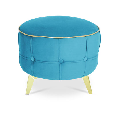 Adorn India Macolm Round 1 Seater Ottoman Pouffe Tufted Pattern with Velvet Suede Fabric (Aqua Blue)