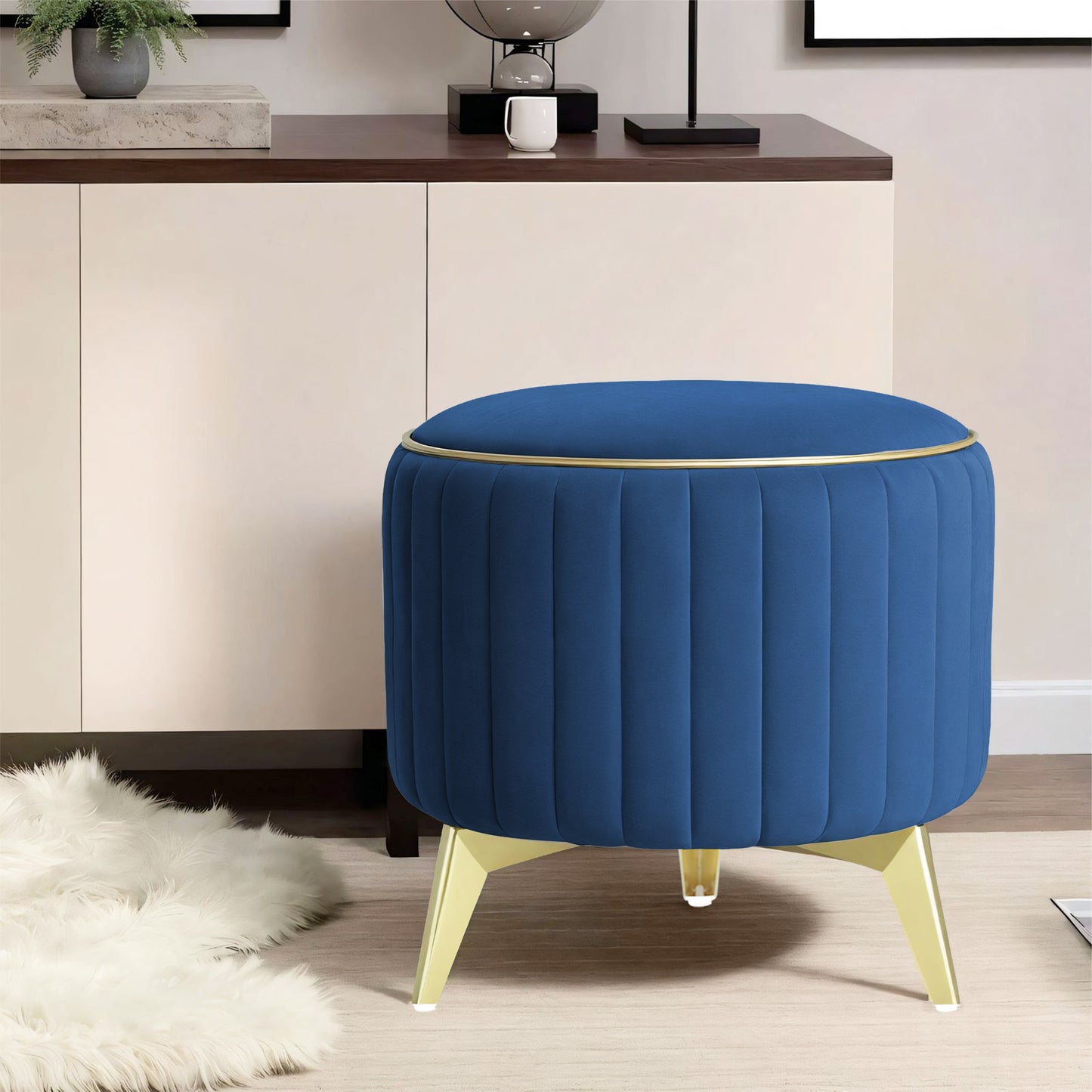 Adorn India Olivia Round 1 Seater Ottoman Pouffe Striped Pattern with Velvet Suede Fabric (Blue)
