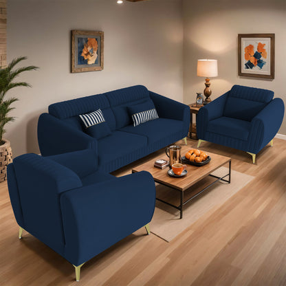 Adorn India Premium Valentino 3-1-1 Sofa Set | Velvet Suede Fabric | 3-Year Warranty | Color Blue with Golden Legs & Striped Pattern Cushion