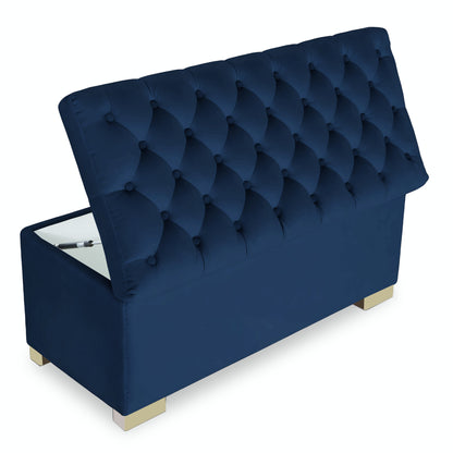 Adorn India Falcon Tufted 2 Seater Storage Ottoman Pouffe with Velvet Suede Fabric (Blue)