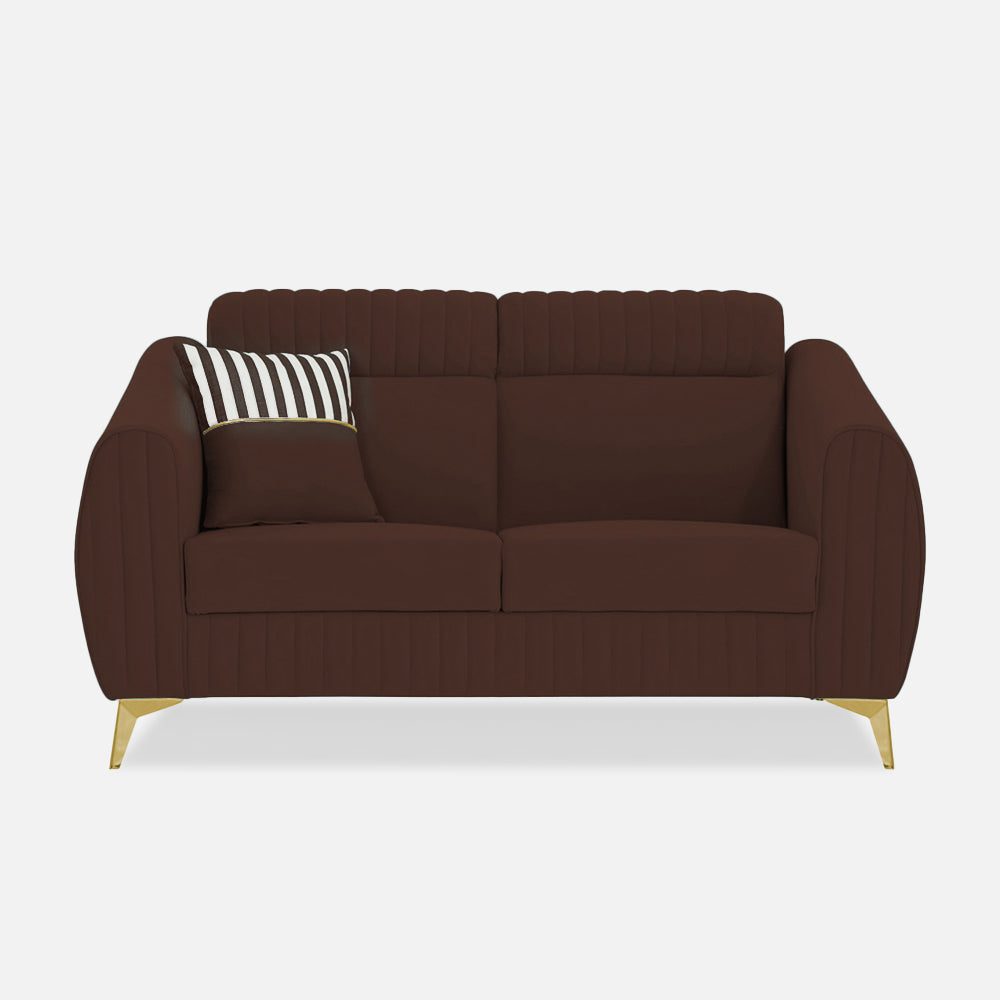 Adorn India Premium Valentino 2 Seater Sofa | Velvet Suede Fabric | 3-Year Warranty | Color Brown with Golden Legs & Striped Pattern Cushion