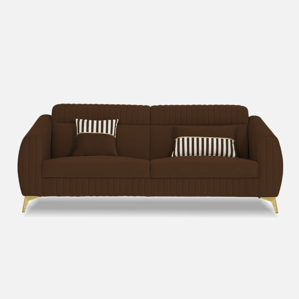 Adorn India Premium Valentino 3 Seater Sofa | Velvet Suede Fabric | 3-Year Warranty | Color Brown with Golden Legs & Striped Pattern Cushion