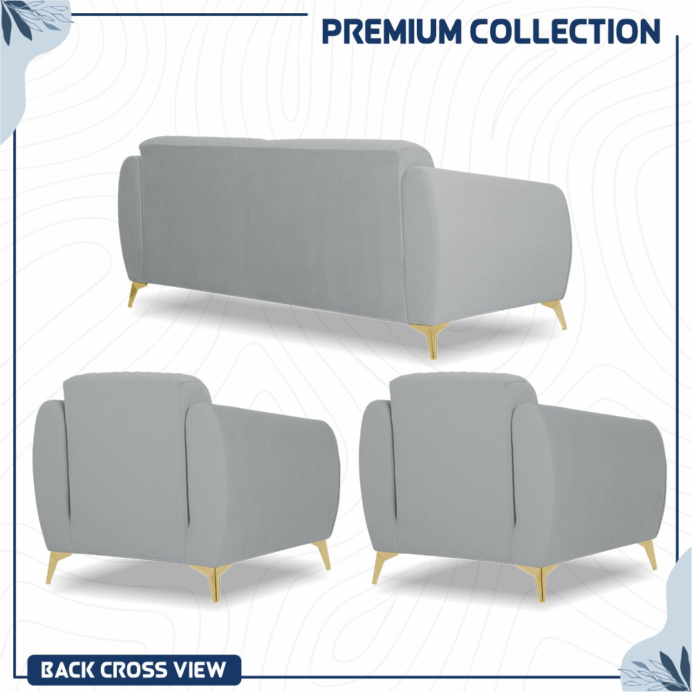 Adorn India Premium Valentino 3-1-1 Sofa Set | Velvet Suede Fabric | 3-Year Warranty | Color Grey with Golden Legs & Striped Pattern Cushion