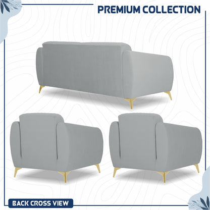 Adorn India Premium Valentino 3-1-1 Sofa Set | Velvet Suede Fabric | 3-Year Warranty | Color Grey with Golden Legs & Striped Pattern Cushion