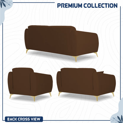 Adorn India Premium Valentino 3-2-1 Sofa Set | Velvet Suede Fabric | 3-Year Warranty | Color Brown with Golden Legs & Striped Pattern Cushion