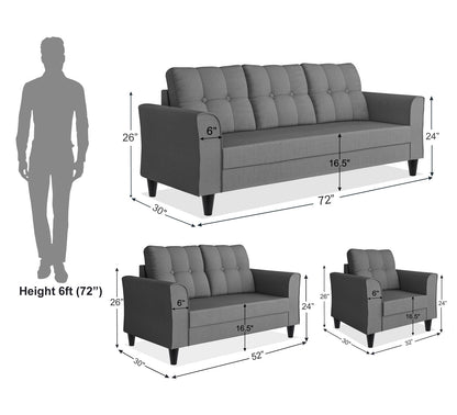 Adorn India Maddox Tufted 3+2+1 6 Seater Sofa Set (Grey) (3 Year Warranty)