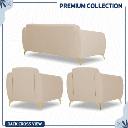 Adorn India Premium Valentino 3-1-1 Sofa Set | Velvet Suede Fabric | 3-Year Warranty | Color Beige with Golden Legs & Striped Pattern Cushion