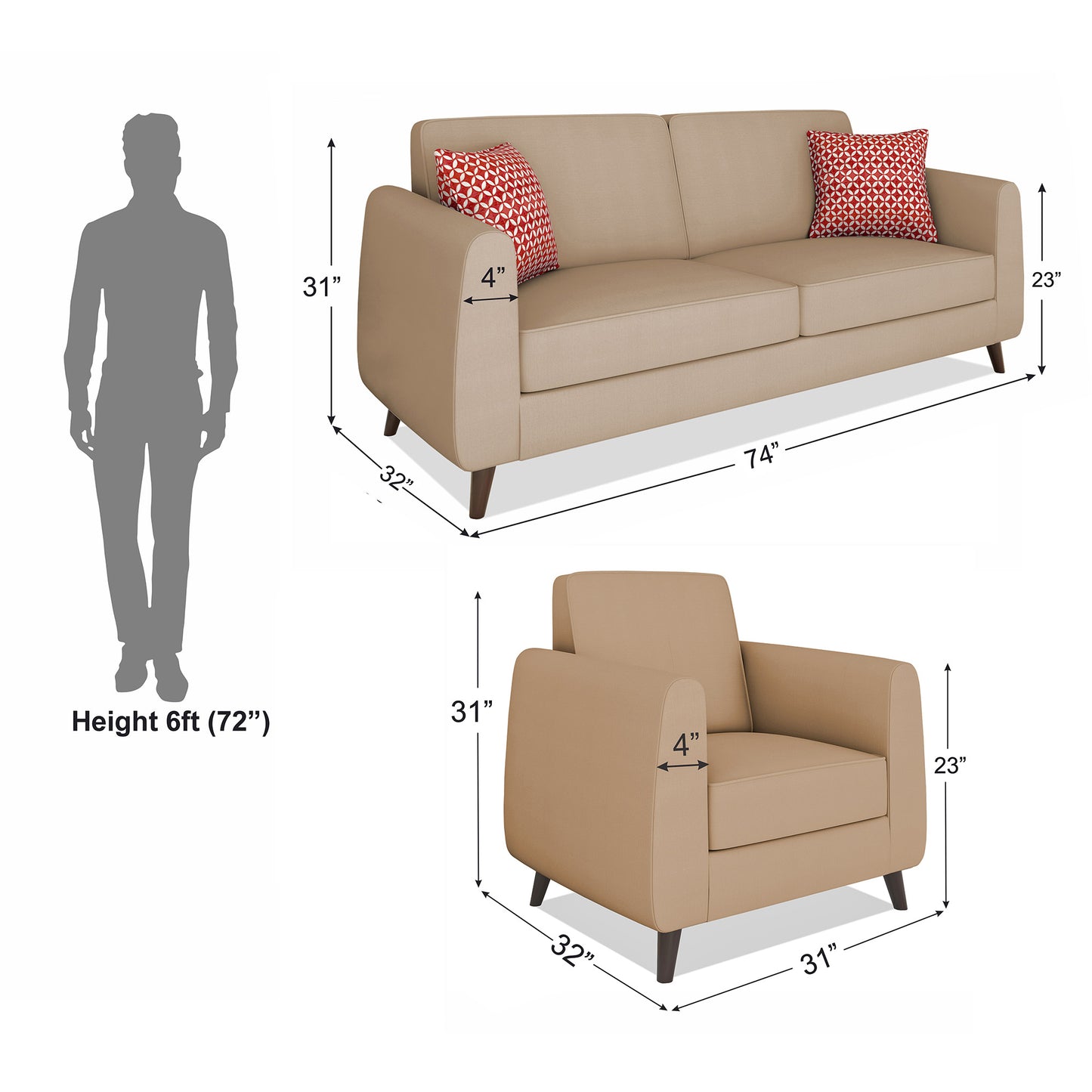 Adorn India Harlem 5 Seater 3-1-1 Sofa Set (Beige) (3 Year Warranty)