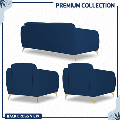 Adorn India Premium Valentino 3-1-1 Sofa Set | Velvet Suede Fabric | 3-Year Warranty | Color Blue with Golden Legs & Striped Pattern Cushion