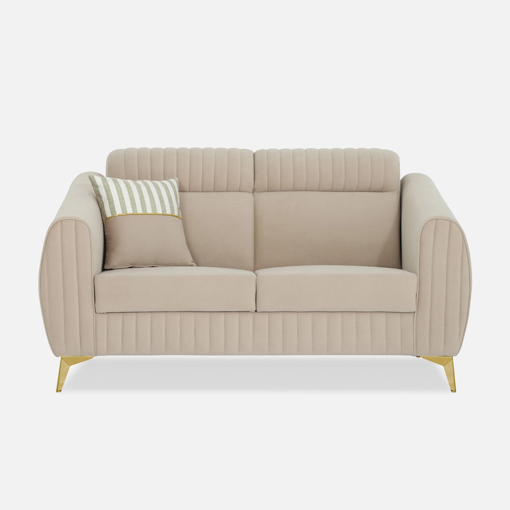 Adorn India Premium Valentino 2 Seater Sofa | Velvet Suede Fabric | 3-Year Warranty | Color Beige with Golden Legs & Striped Pattern Cushion