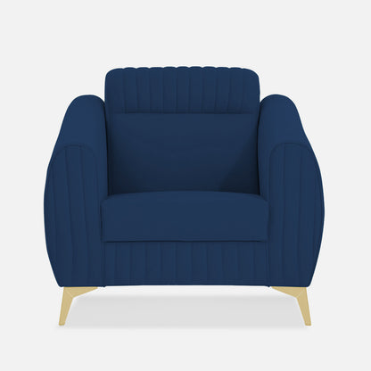 Adorn India Premium Valentino 1 Seater Sofa | Velvet Suede Fabric | 3-Year Warranty | Color Blue with Golden Legs & Striped Pattern Cushion