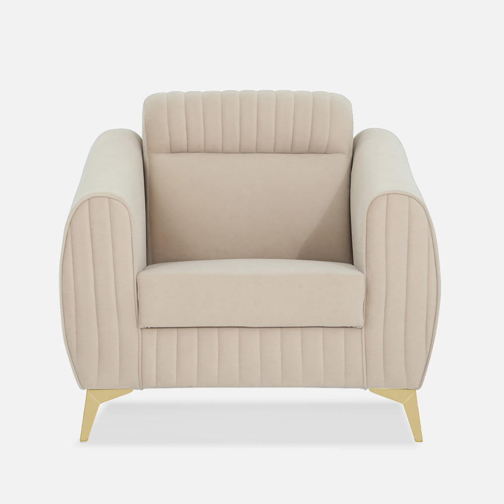 Adorn India Premium Valentino 1 Seater Sofa | Velvet Suede Fabric | 3-Year Warranty | Color Beige with Golden Legs & Striped Pattern Cushion