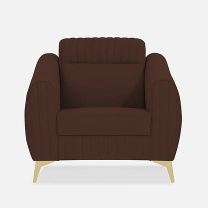 Adorn India Premium Valentino 1 Seater Sofa | Velvet Suede Fabric | 3-Year Warranty | Color Brown with Golden Legs & Striped Pattern Cushion