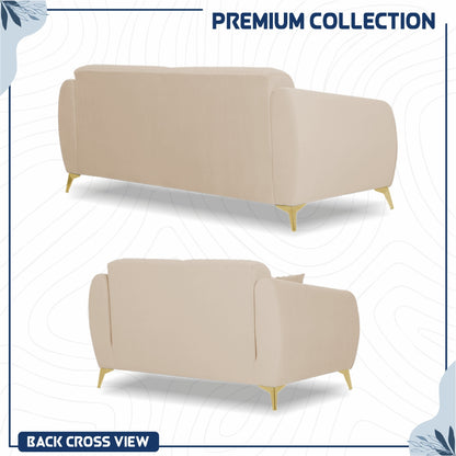 Adorn India Premium Valentino 3-2 Sofa Set | Velvet Suede Fabric | 3-Year Warranty | Color Beige with Golden Legs & Striped Pattern Cushion