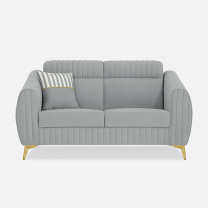 Adorn India Premium Valentino 2 Seater Sofa | Velvet Suede Fabric | 3-Year Warranty | Color Grey with Golden Legs & Striped Pattern Cushion