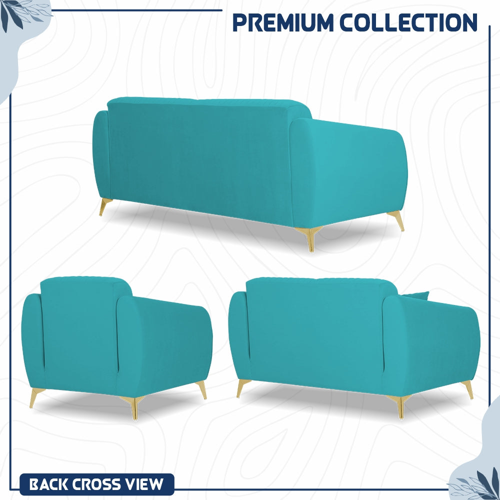 Adorn India Premium Valentino 3-2-1 Sofa Set | Velvet Suede Fabric | 3-Year Warranty | Color Aqua Blue with Golden Legs & Striped Pattern Cushion