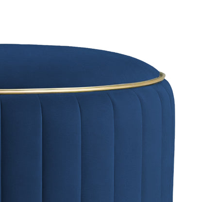 Adorn India Olivia Round 1 Seater Ottoman Pouffe Striped Pattern with Velvet Suede Fabric (Blue)