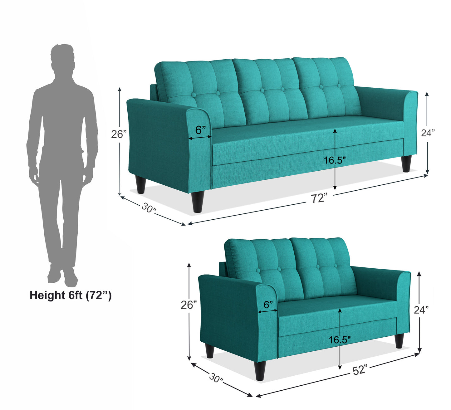 Adorn India Maddox Tufted 5 Seater 3+2 Sofa Set (Aqua Blue) (3 Year Warranty)