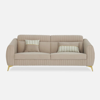 Adorn India Premium Valentino 3 Seater Sofa | Velvet Suede Fabric | 3-Year Warranty | Color Beige with Golden Legs & Striped Pattern Cushion