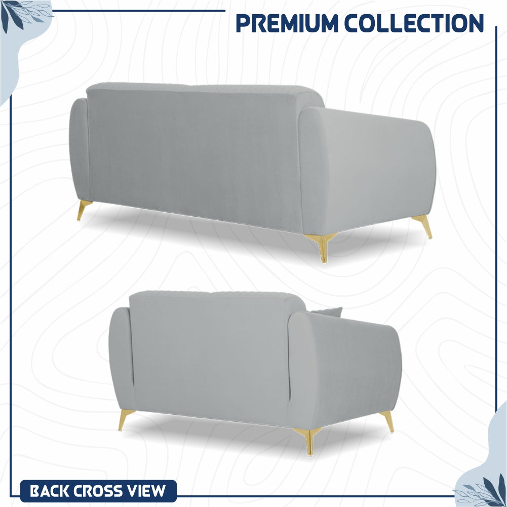 Adorn India Premium Valentino 3-2 Sofa Set | Velvet Suede Fabric | 3-Year Warranty | Color Grey with Golden Legs & Striped Pattern Cushion