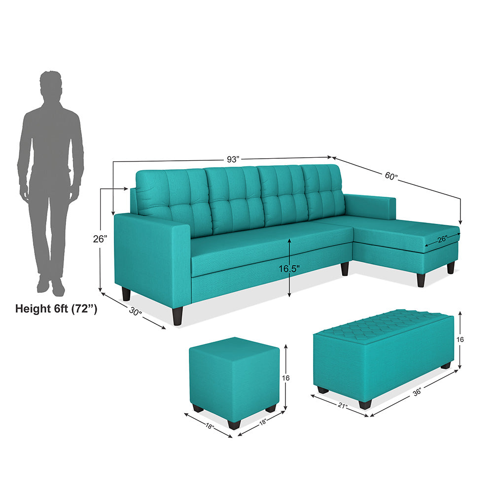 Adorn India Darcy L Shape 8 Seater Sofa Set with Center Table and 2 Ottoman Puffy (RHS) (Aqua Blue) (3 Year Warranty)