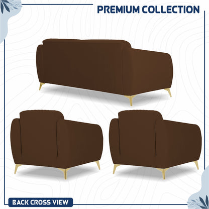 Adorn India Premium Valentino 3-1-1 Sofa Set | Velvet Suede Fabric | 3-Year Warranty | Color Brown with Golden Legs & Striped Pattern Cushion