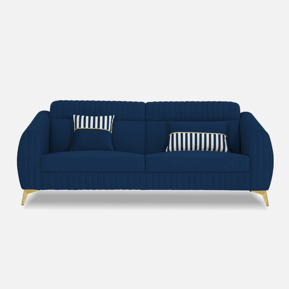 Adorn India Premium Valentino 3 Seater Sofa | Velvet Suede Fabric | 3-Year Warranty | Color Blue with Golden Legs & Striped Pattern Cushion
