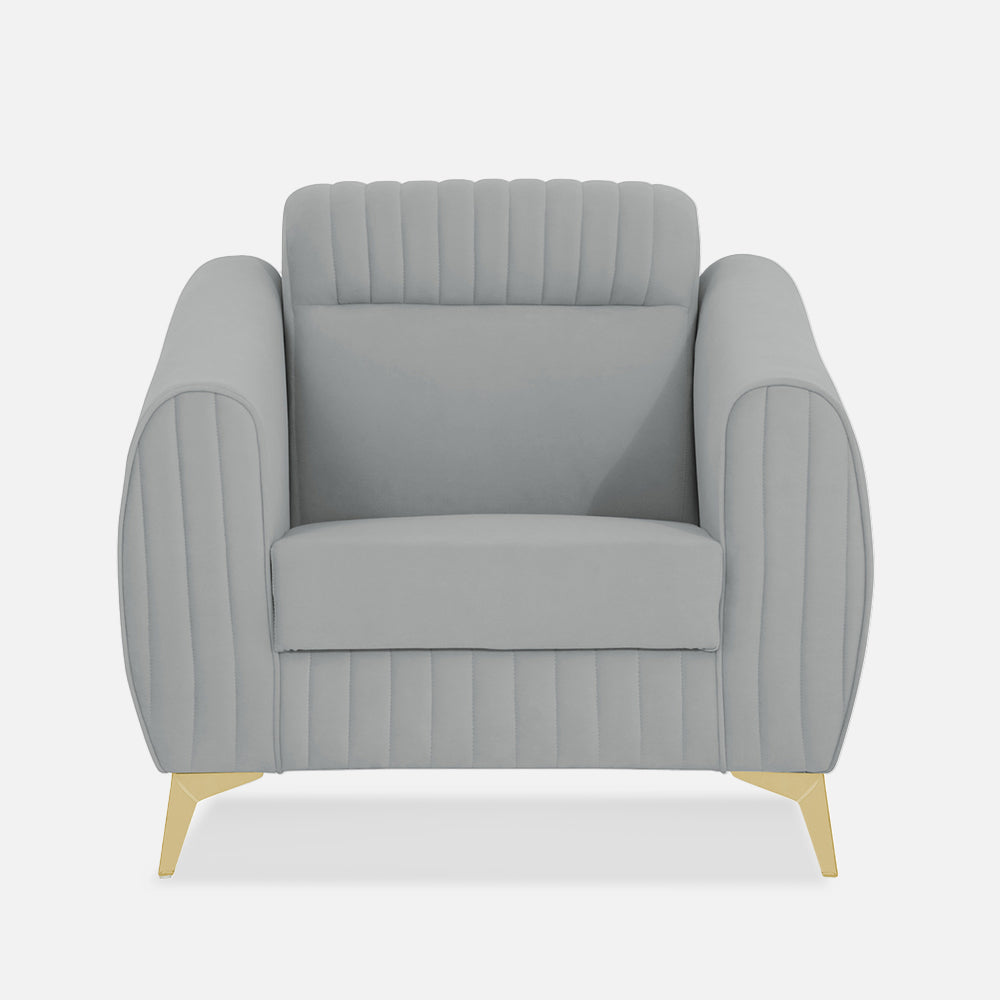 Adorn India Premium Valentino 1 Seater Sofa | Velvet Suede Fabric | 3-Year Warranty | Color Grey with Golden Legs & Striped Pattern Cushion