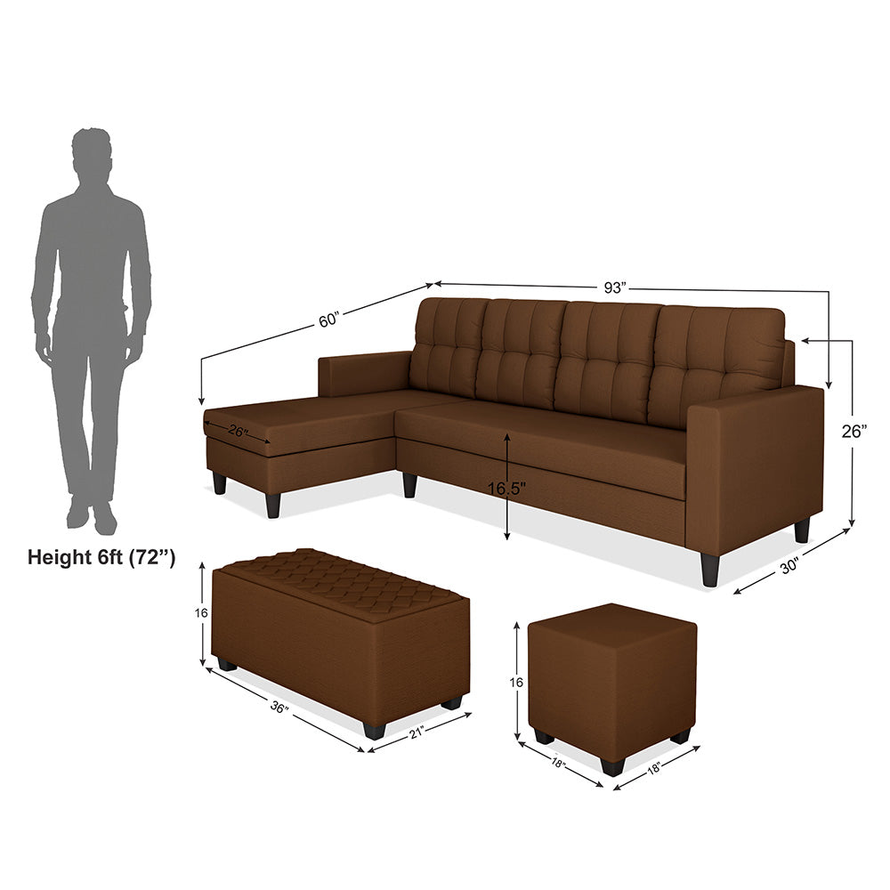 Adorn India Darcy L Shape 8 Seater Sofa Set with Center Table and 2 Ottoman Puffy (LHS) (Brown) (3 Year Warranty)