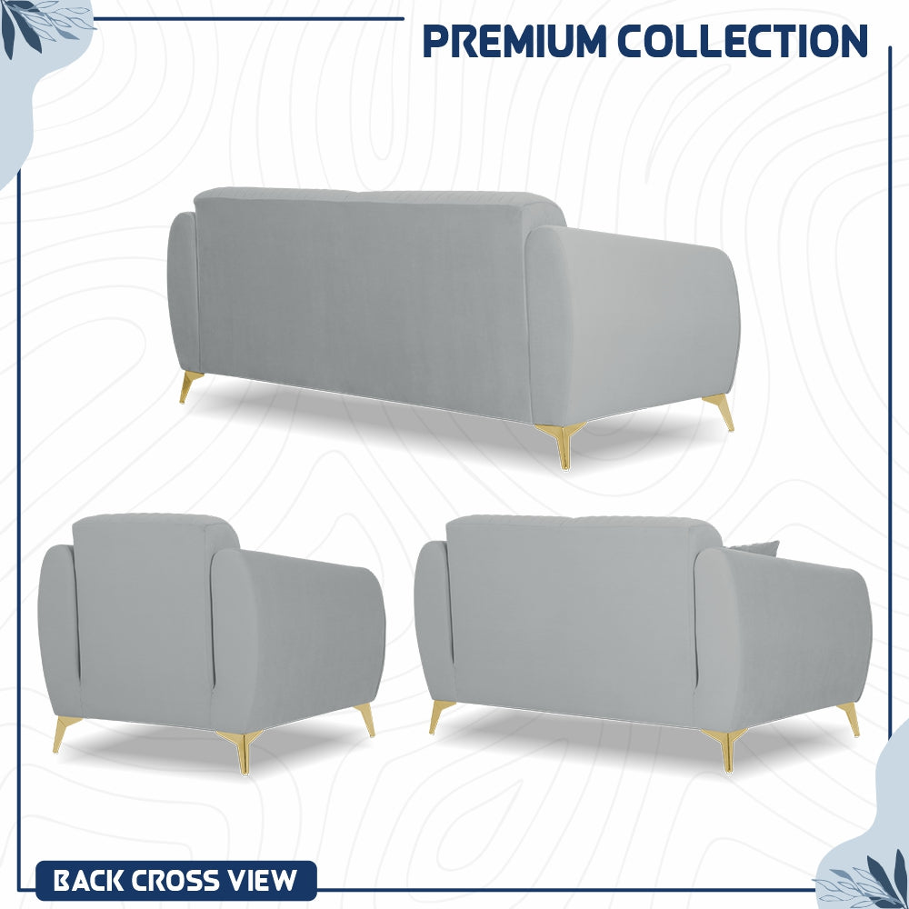 Adorn India Premium Valentino 3-2-1 Sofa Set | Velvet Suede Fabric | 3-Year Warranty | Color Grey with Golden Legs & Striped Pattern Cushion