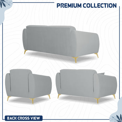 Adorn India Premium Valentino 3-2-1 Sofa Set | Velvet Suede Fabric | 3-Year Warranty | Color Grey with Golden Legs & Striped Pattern Cushion