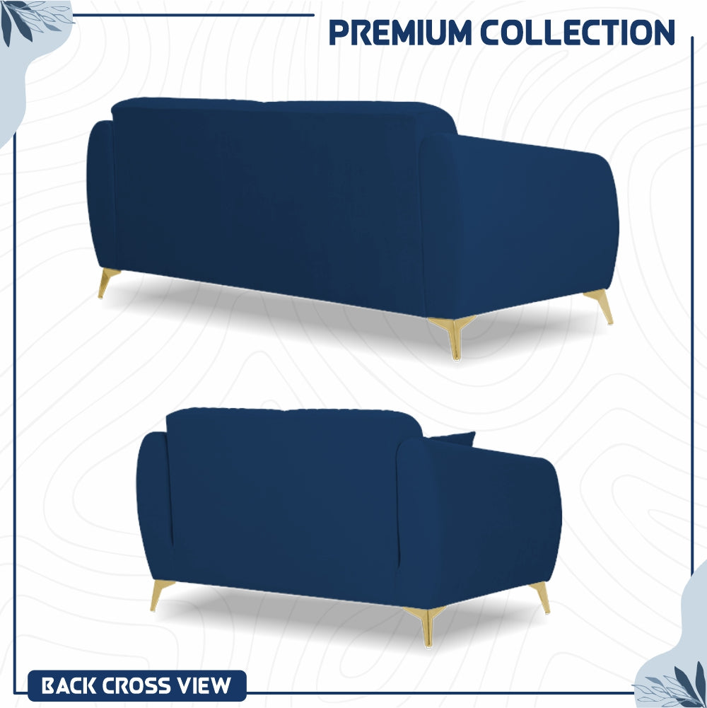 Adorn India Premium Valentino 3-2 Sofa Set | Velvet Suede Fabric | 3-Year Warranty | Color Blue with Golden Legs & Striped Pattern Cushion