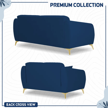 Adorn India Premium Valentino 3-2 Sofa Set | Velvet Suede Fabric | 3-Year Warranty | Color Blue with Golden Legs & Striped Pattern Cushion