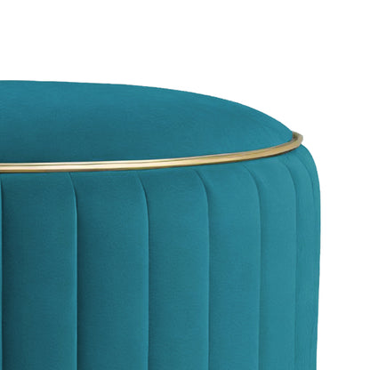 Adorn India Olivia Round 1 Seater Ottoman Pouffe Striped Pattern with Velvet Suede Fabric (Aqua Blue)