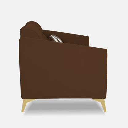 Adorn India Premium Valentino 3 Seater Sofa | Velvet Suede Fabric | 3-Year Warranty | Color Brown with Golden Legs & Striped Pattern Cushion