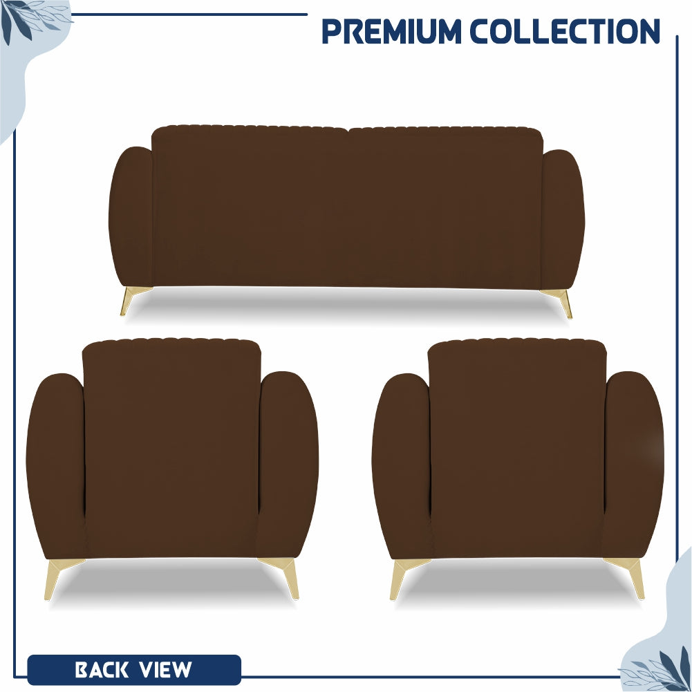 Adorn India Premium Valentino 3-1-1 Sofa Set | Velvet Suede Fabric | 3-Year Warranty | Color Brown with Golden Legs & Striped Pattern Cushion