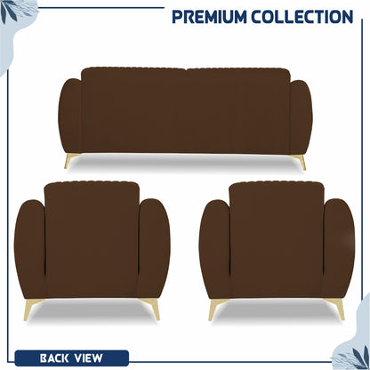 Adorn India Premium Valentino 3-1-1 Sofa Set | Velvet Suede Fabric | 3-Year Warranty | Color Brown with Golden Legs & Striped Pattern Cushion