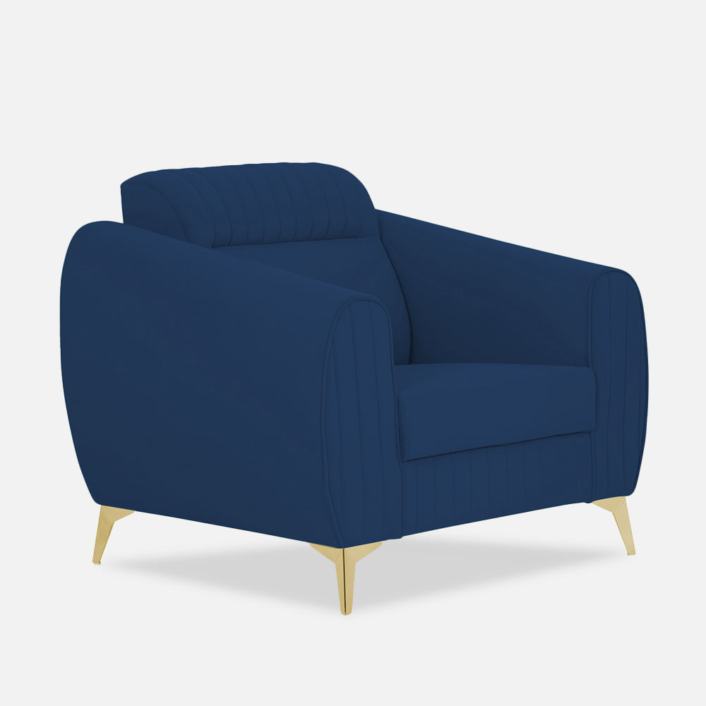 Adorn India Premium Valentino 1 Seater Sofa | Velvet Suede Fabric | 3-Year Warranty | Color Blue with Golden Legs & Striped Pattern Cushion