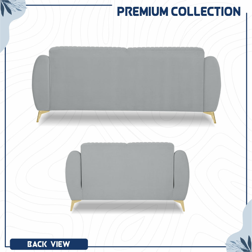 Adorn India Premium Valentino 3-2 Sofa Set | Velvet Suede Fabric | 3-Year Warranty | Color Grey with Golden Legs & Striped Pattern Cushion