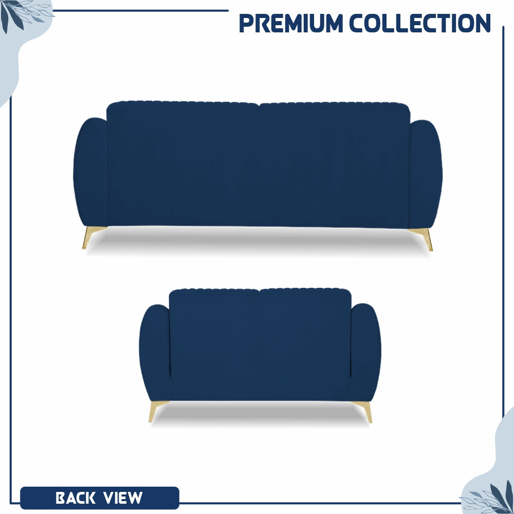 Adorn India Premium Valentino 3-2 Sofa Set | Velvet Suede Fabric | 3-Year Warranty | Color Blue with Golden Legs & Striped Pattern Cushion